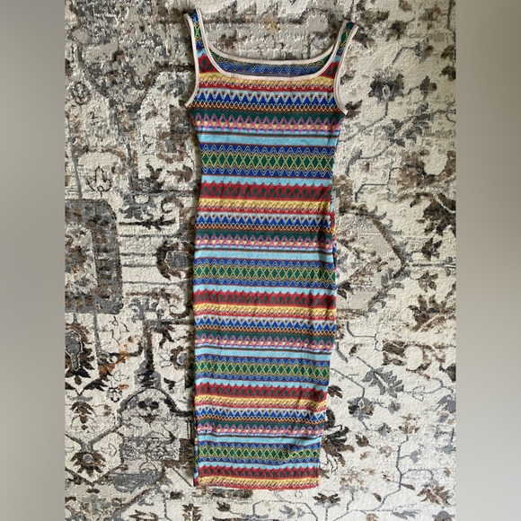 New Striped Pattern Square Neck Tank Dress Sleeveless Slit Boho Multicolored NWT - Picture 9 of 16